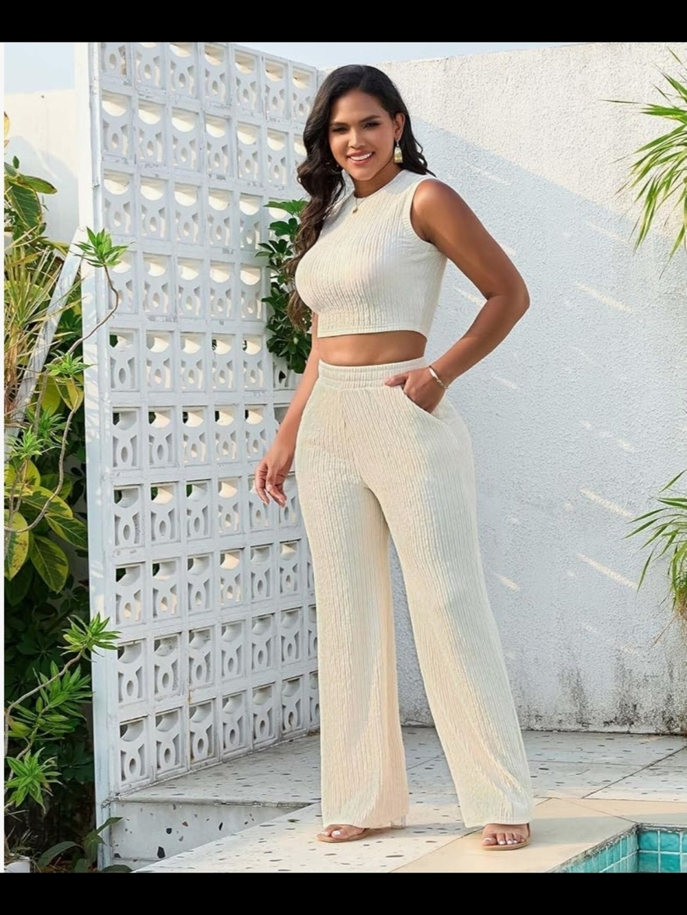 Sleeveless Knit Crop Top & Wide-Leg Pants Set - Cream